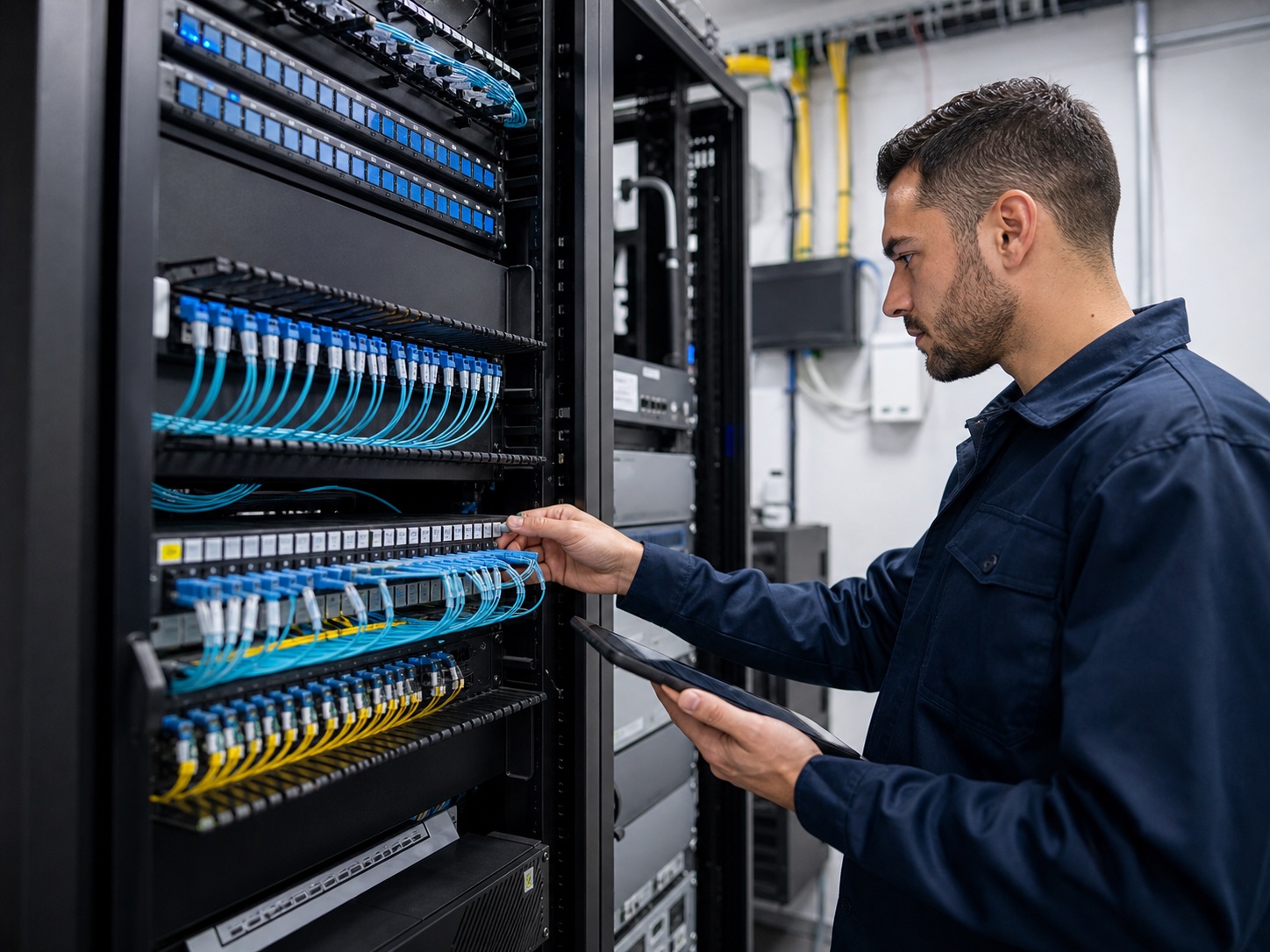 Technician reviewing a business fiber network rack