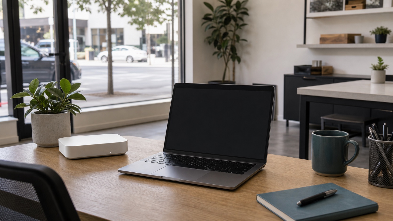 Small business workspace prepared for fiber service